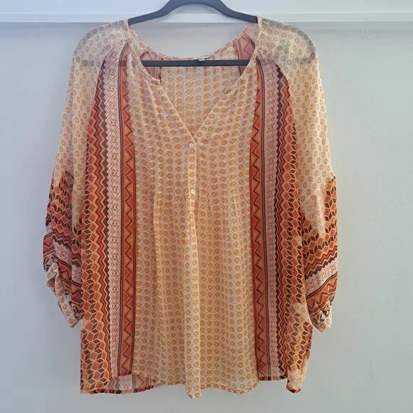 JOIE Orange Abstract Print Semi Sheer V-neck Blouse - Picture 1 of 5